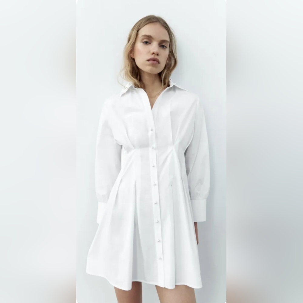 Zara White Button-Front Shirt Dress With Pearl Detailing